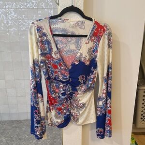 VENUS Blue and Red Paisley Ruched Blouse